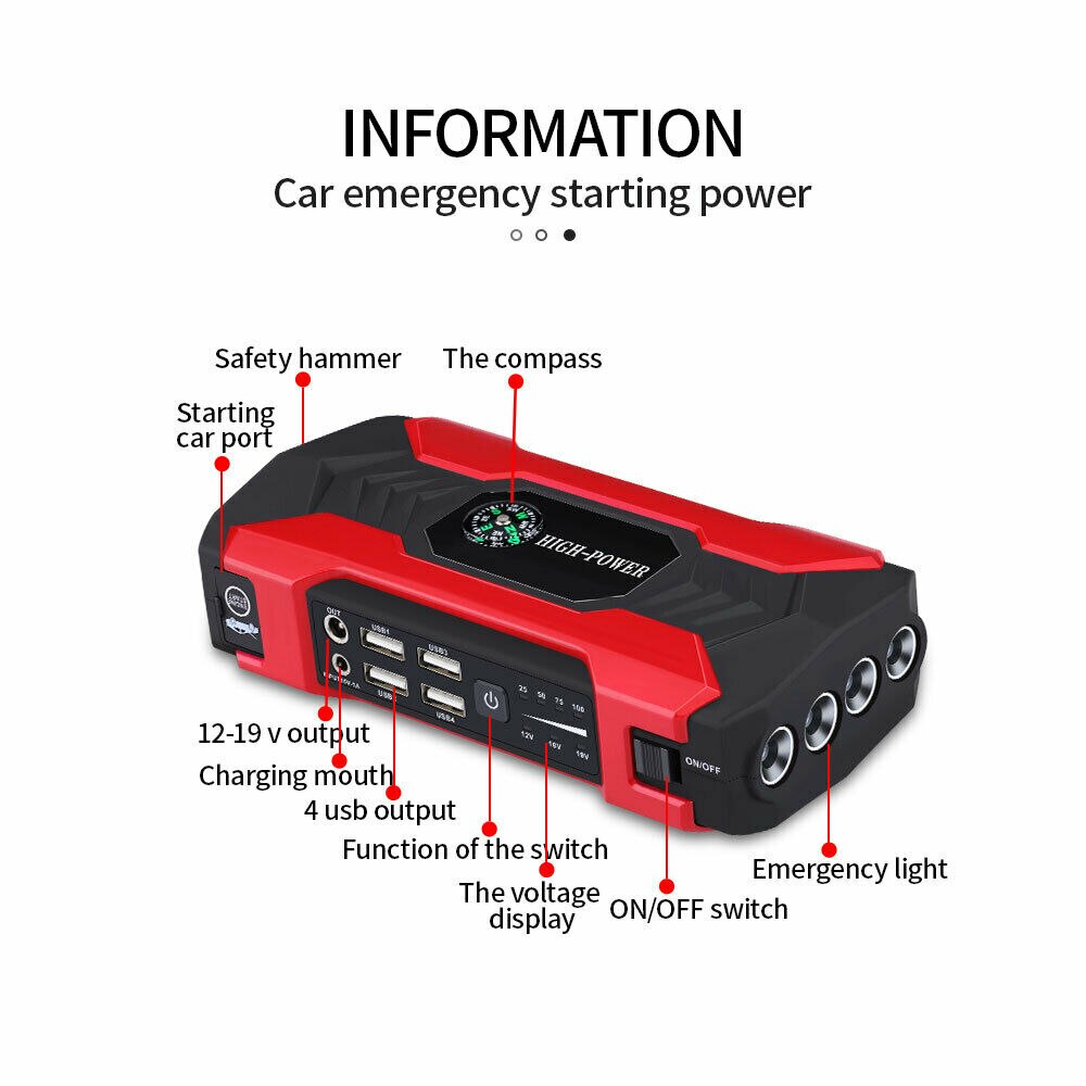 20000mAh 12V Car Jump Starter Portable USB Power Bank Battery Booster Clamp 400A