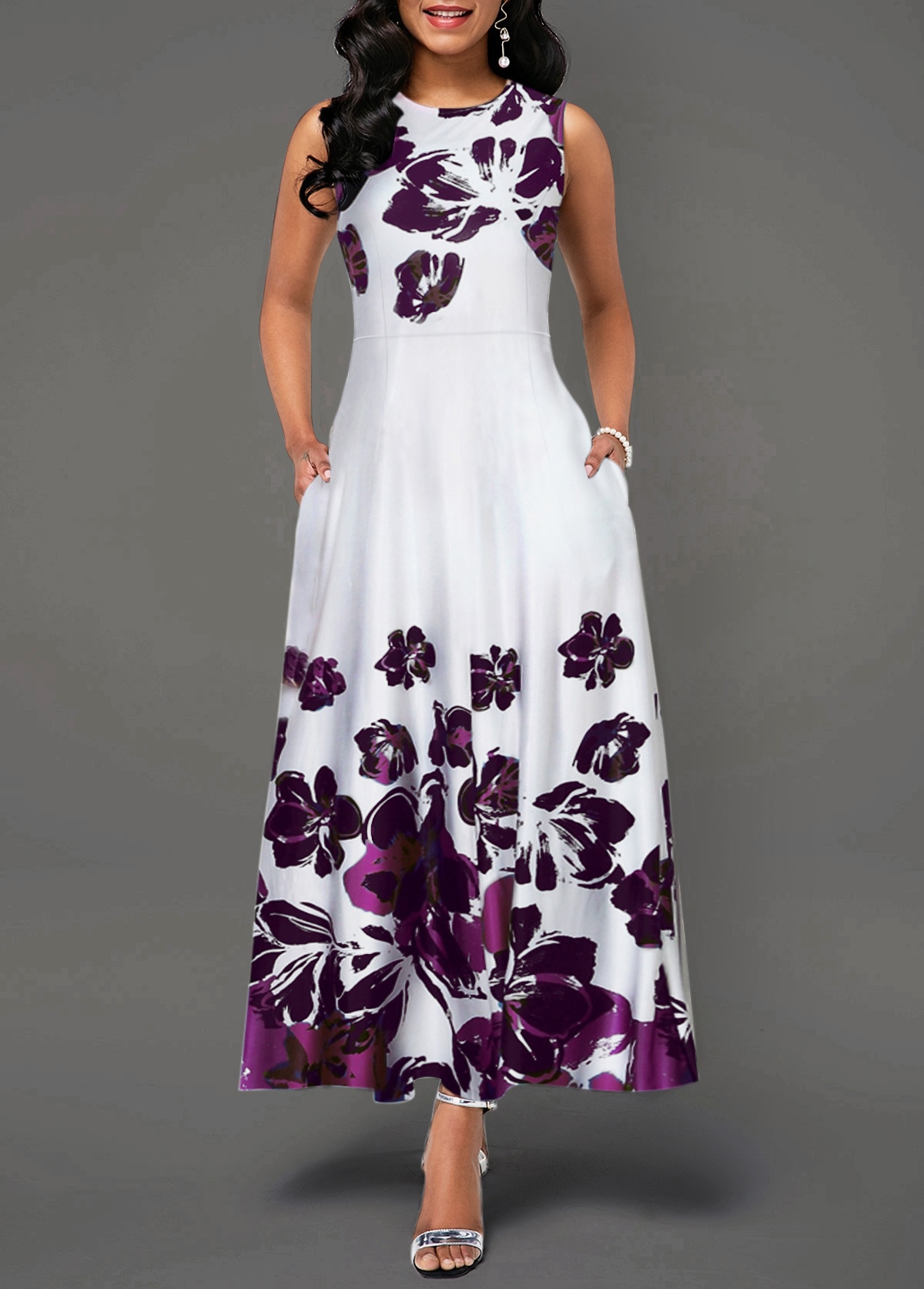 Dames boho bloemen lange vintage maxi-jurk avondfeest strand tuniek mouwloze jurk zomer: Wit / Xxl