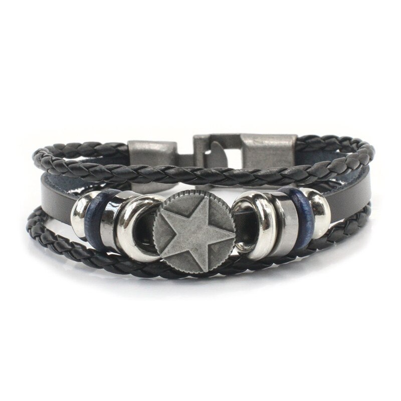 Bracciale da uomo moda retrò in pelle moto multistrato bracciale intrecciato a mano bracciale in acciaio inossidabile regalo per fidanzato: Pentagram 1