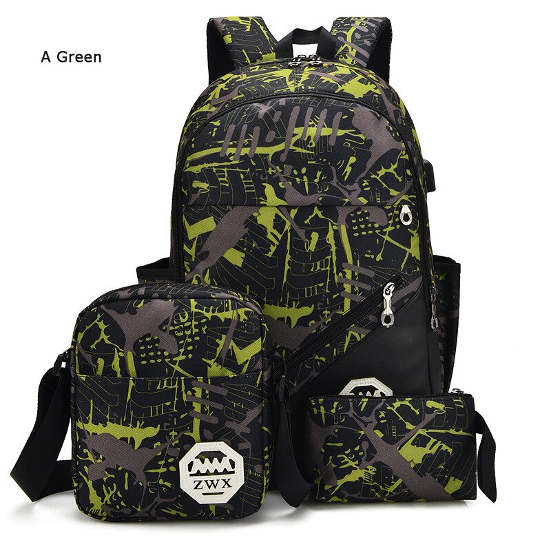 3pcs/set Male backpacks high school bags for women boys one shoulder big student travel bag men school backpack sac mochila: A green