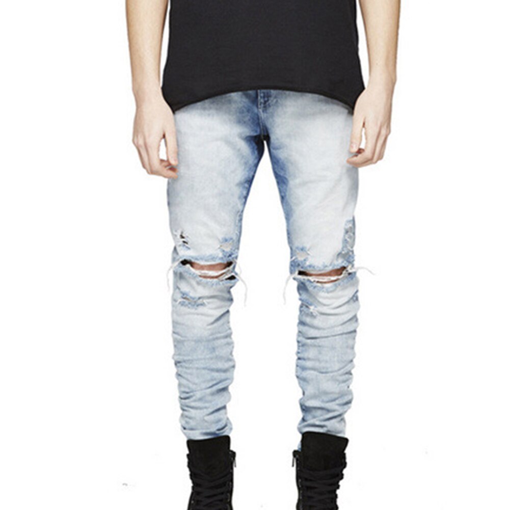 Jeans til mænd bukser ødelagt ripped slim jeans skinny denim bukser til mænd stretch lange bukser mænd jeans hommes jeans: Blå / 28