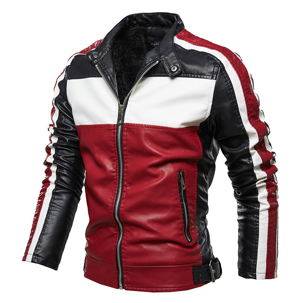 Mænd gul læder jakke patchwork biker jakke mænd afslappet lynlås frakke mænd motorcykel jakke slim fit pelsforet outwear frakke: Kcd 750 rød / Xxl