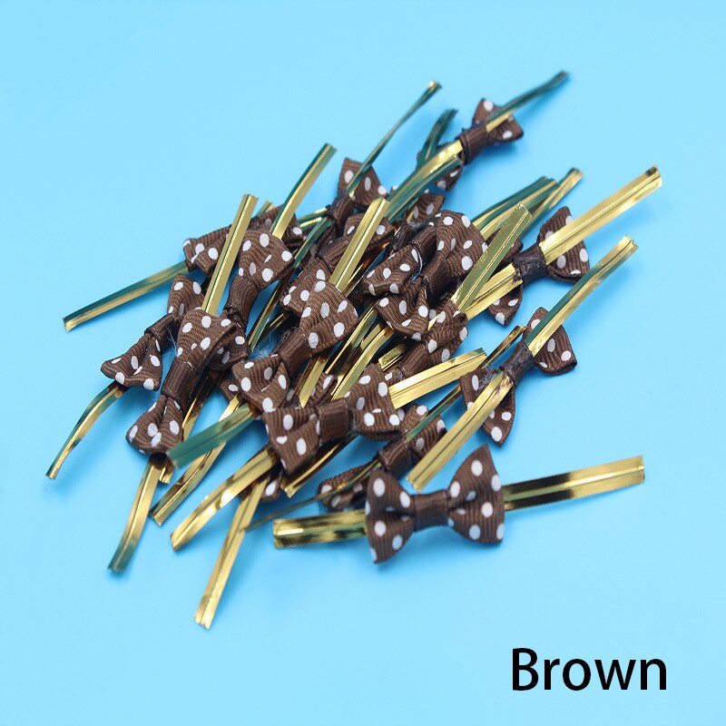 100Pcs DIY Bow Tie Wrapping Golded Wire Bowknot Binding Wire Lollipop Candy Packaging Bags Fastener Sealing Fixed Ties: Brown