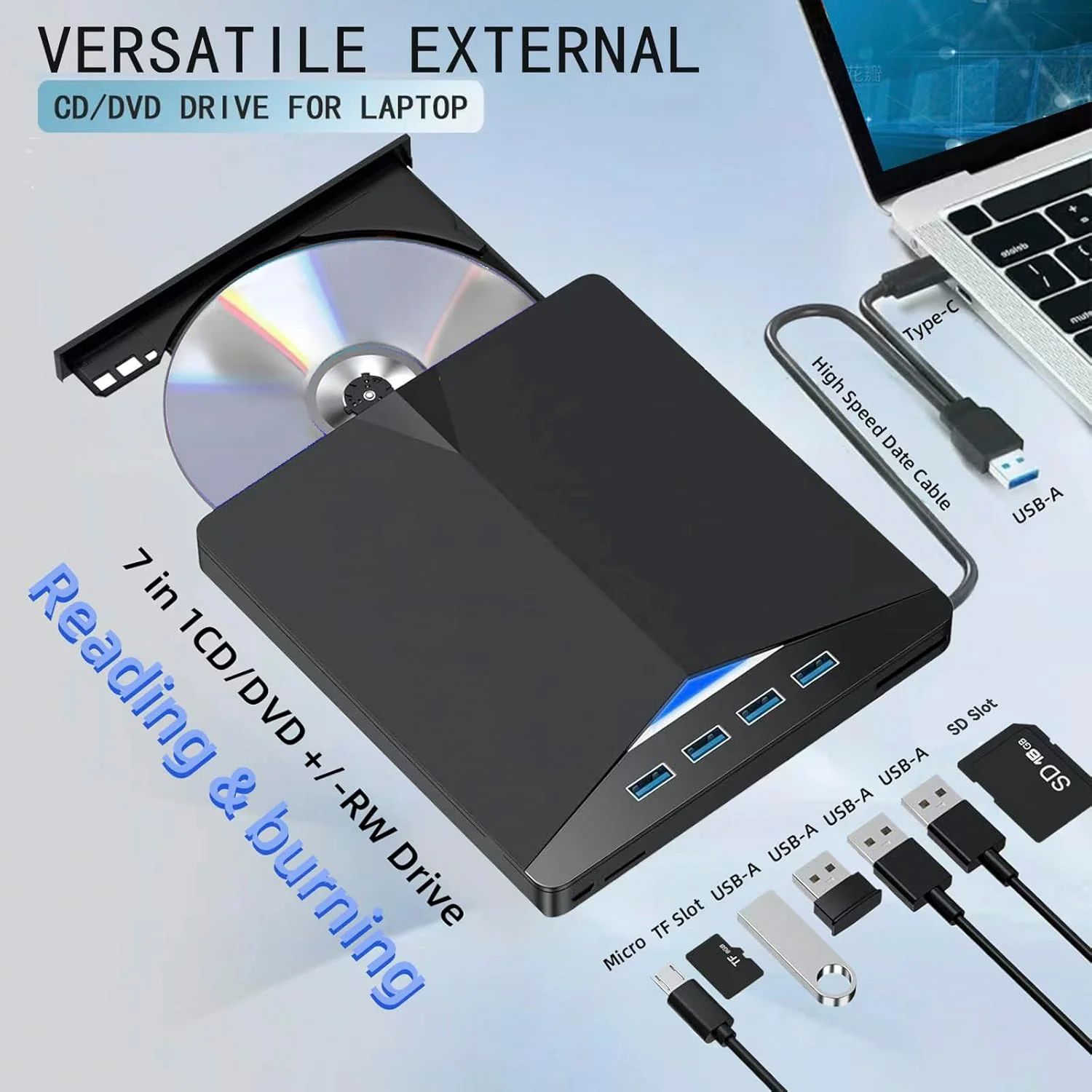 7-- in- -1 usb 3.0 type-c external dvd/cd rw drive, tray-style dvd burner/reader/player, suitable for desktop computers and laptops