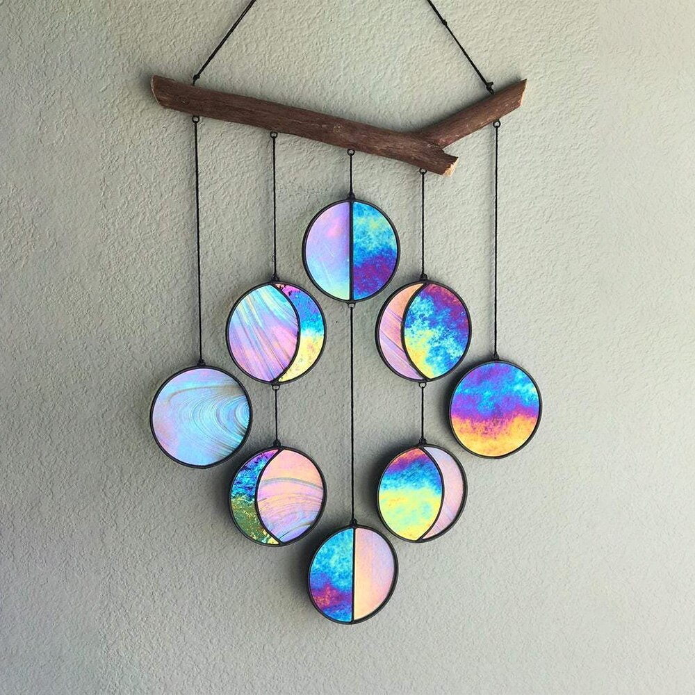 Decoración de pared de fase lunar, carillón de viento, plexiglás tintado, transparente y arcoíris, iridizado, fase lunar, colgante de arte Celestial