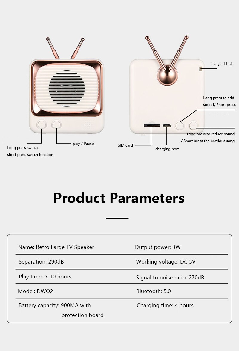Dw02 retro liten tv bluetooth 5.0 mini högtalare trådlöst hem utomhus slappna av radio usb / tf  mp3 spelare kort trådlös subwoofer