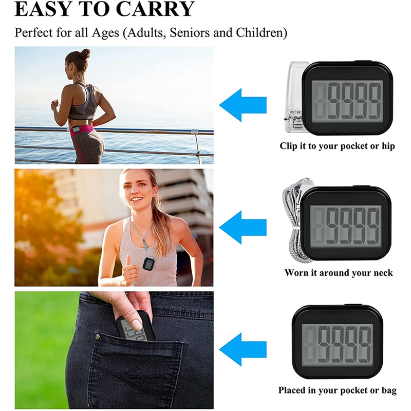 Pedometer Clip On, Step Counter for Walking with Large Digital Display and Lanyard, Pedometers for Steps Clip on