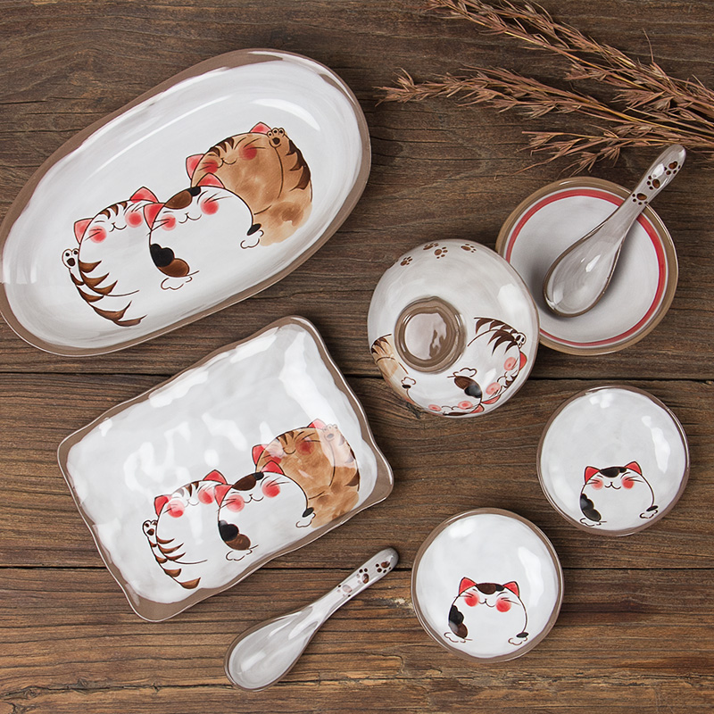 Japanese Hand-painted Ceramic Cute Cartoon Cat Tableware Set Soup Noodle Bowl Fish Dish Family Dinner Steak Tableware
