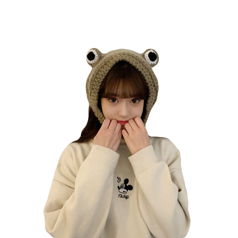Cute Big Eyes Frog Hat Woman Woolen Knitted Hat Outdoor Hat Short Winter Children Long Hat Korean Student Hat Christmas: CE