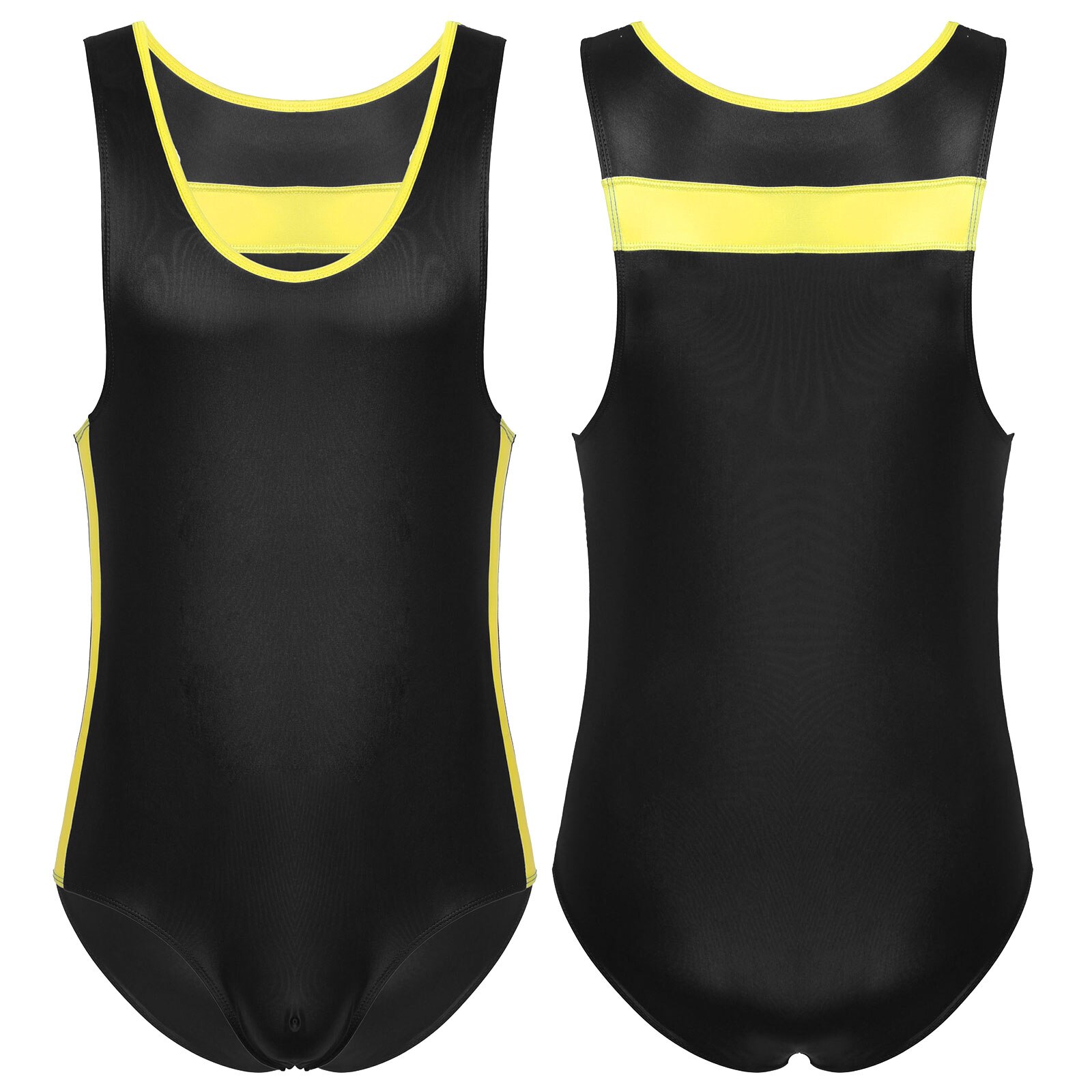 Mens Ballroom Competition Dancewear Sleeveless Bodysuit Stretchy Jockstraps Leather Patchwork Gymnastic Leotard Dance Costumes: Black / L