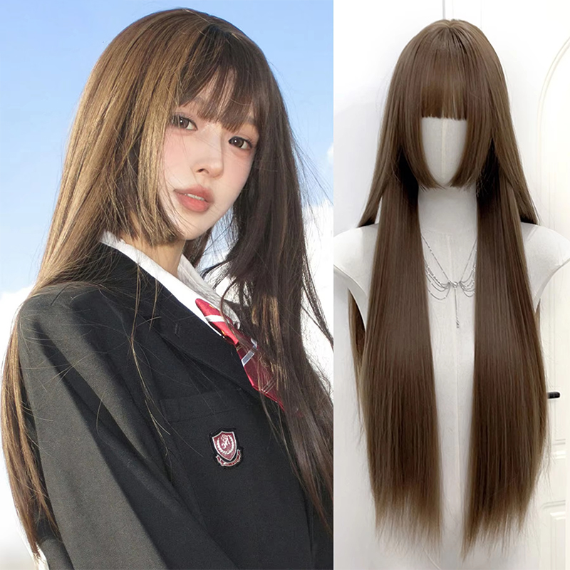 Synthetische 60 cm koreanische schwarze lange glatte Haarperücke synthetische natürliche lange glatte Haare mit Pony Perücke: #1B