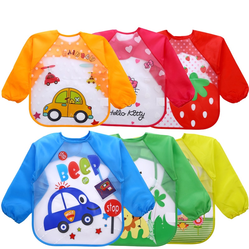 Baby Bibs Waterproof with Long Sleeve Baby Feeding Smock Bibs Plastic Bib Baby Apron for Kids Eat Breastplate Children 2-5 Years