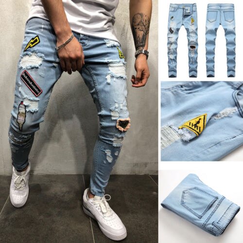 Vaqueros ajustados rasgados para hombre, Vaqueros largos rasgados, deshilachados,