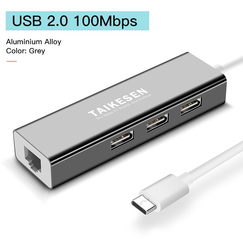 Usb c etherne  rj45 lan adapter usb type c naar usb 3.0 hub 100/1000 netwerkkaart voor macbook pro samsung  s9/s8/ note 9 usb etherne: Usb 2.0 100m grijs