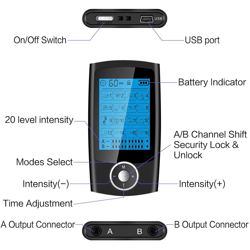 Máquina Tens de 16 modos, Estimulador eléctrico de masaje muscular Ems, electroestimulador Digital, relajación, alivio del dolor corporal, almohadilla de electrodos