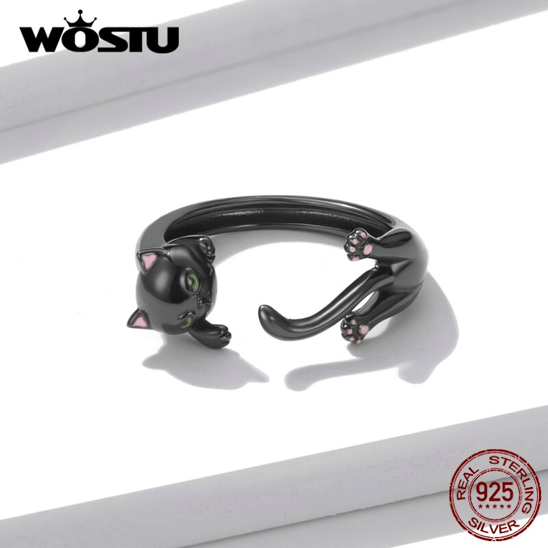 Wostu Verstelbare Authentieke 925 Sterling Silver Zwarte Kat Engagement Open Ringen Voor Vrouwen Vrouwelijke Originele Sieraden CTR217