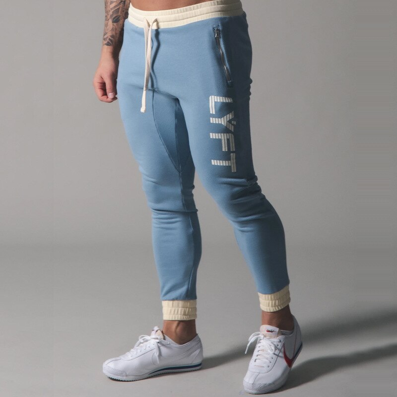 Joggingbukser herre fitness bukser sommer bomuld sport jogging slim fit joggingbukser med farve lynlåslomme: Blå / L