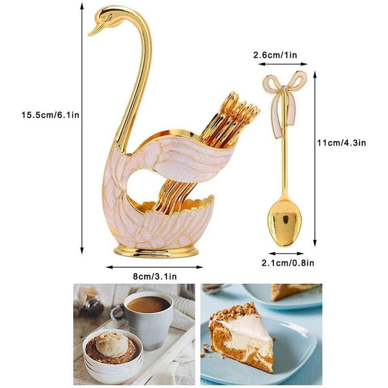 Elegante Zwaan Base Houder Lepels Set Koffie Fruit Dessert Bestek Servies Voor Thuis Decoratie 6 Lepels + 1 Zwaan