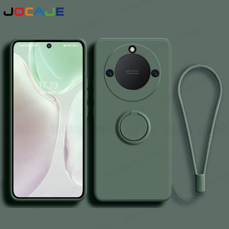 Coque en Silicone liquide pour Huawei Honor X7B X8B X9B, support d'anneau, étuis de téléphone pour Honor X9B X8B X7B, housse souple avec lanière: aluminium / green