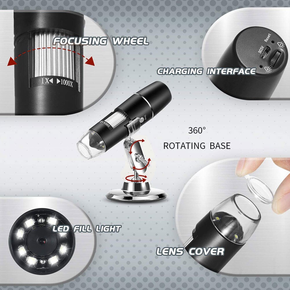 Sans Fil USB Numérique Loupe Microscope Électronique 1X-1000X Avec 8 LUMIÈRE LED WiFi Caméra D'ENDOSCOPE USB Pour Smartphone
