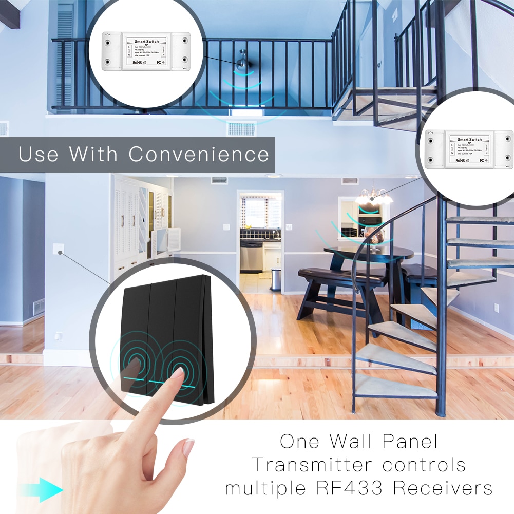 Émetteur de panneau de mur de contrôleur de bouton poussoir de récepteur de télécommande du commutateur RF intelligent sans fil 433 Mhz, multi-contrôle de 2 manières/3 manières