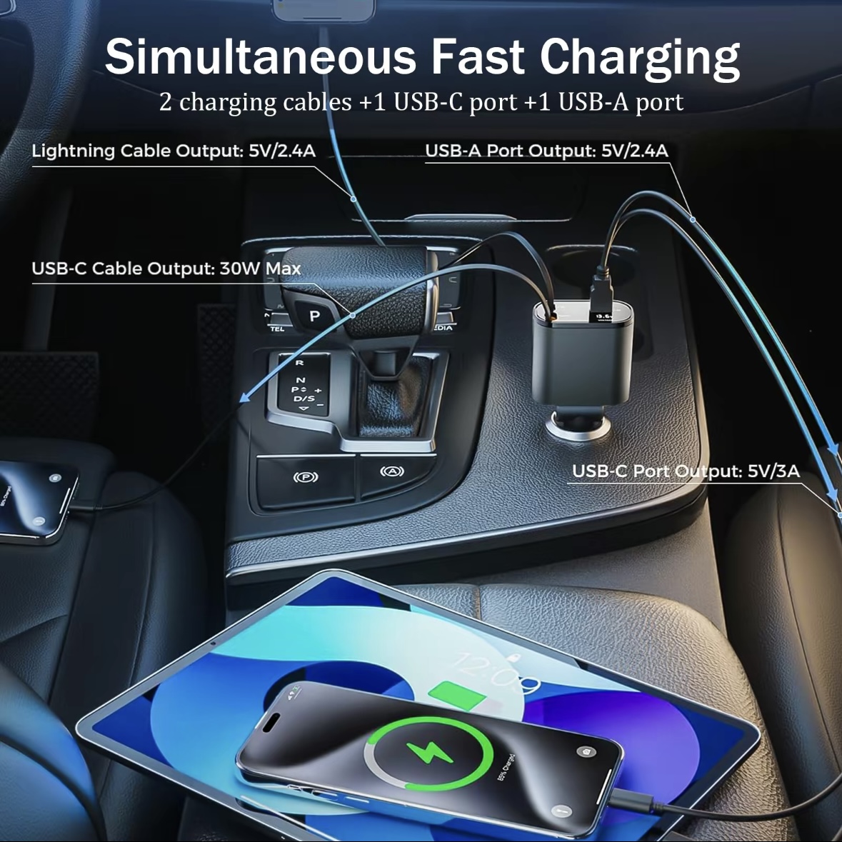 4-in-1 telescopic car charger, suitable for iPhone and Android, durable mobile device charger, automotive accessories