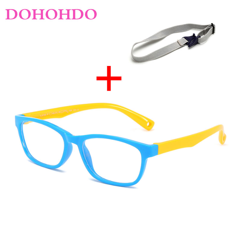DOHOHDO 2022 Flexible Kids Eyeglasses Frame Glasses For Child Boys Girls Degree Myopia Optical Frames With Lanyard Square: blue yellow