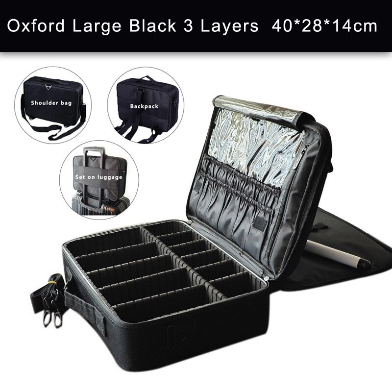 Leather Clapboard Cosmetic Bag Make Up Box Large Capacity Storage Handbag Travel Insert Toiletry Makeup suitcase: Large Oxford Black