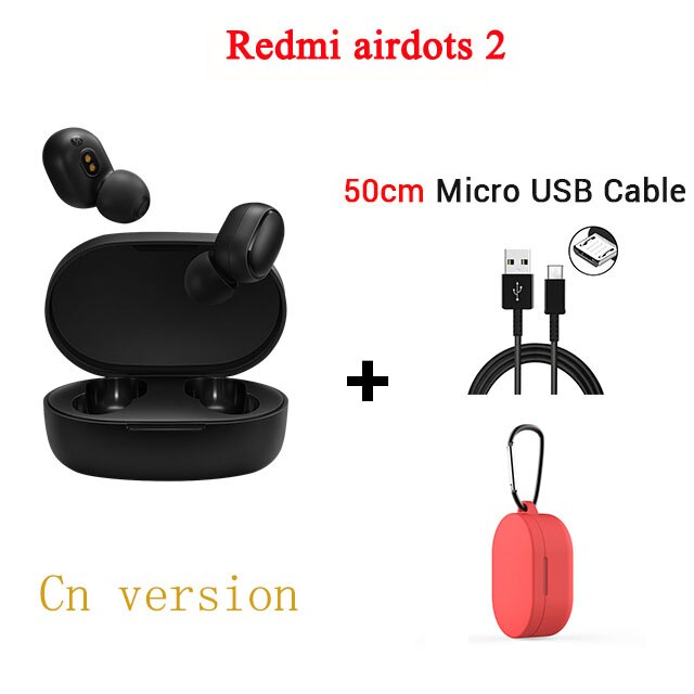 Xiaomi Redmi Airdots s Original Xiaomi Airdots 2 with Bluetooth 5.0 for Gaming Headset Wireless Earbuds with Mic Voice Control: A2 red case cable