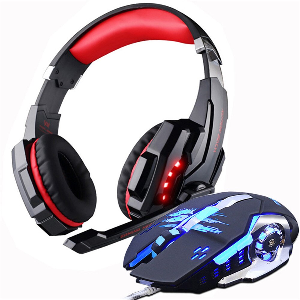 Gaming Headset Casque Headphones Deep Bass Stereo Earphones with Microphone +Gaming Mouse Mice 3200 DPI combination LED Lights: G9000 red and mouse