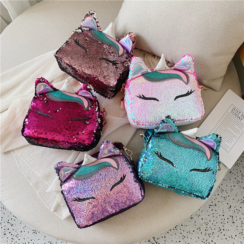 Unicorn Shoulder Bags for girls Travel Women Cartoon Print Sequin Bags Glitter luxury Leather Crossbody Hobo Bag Satchel /BY