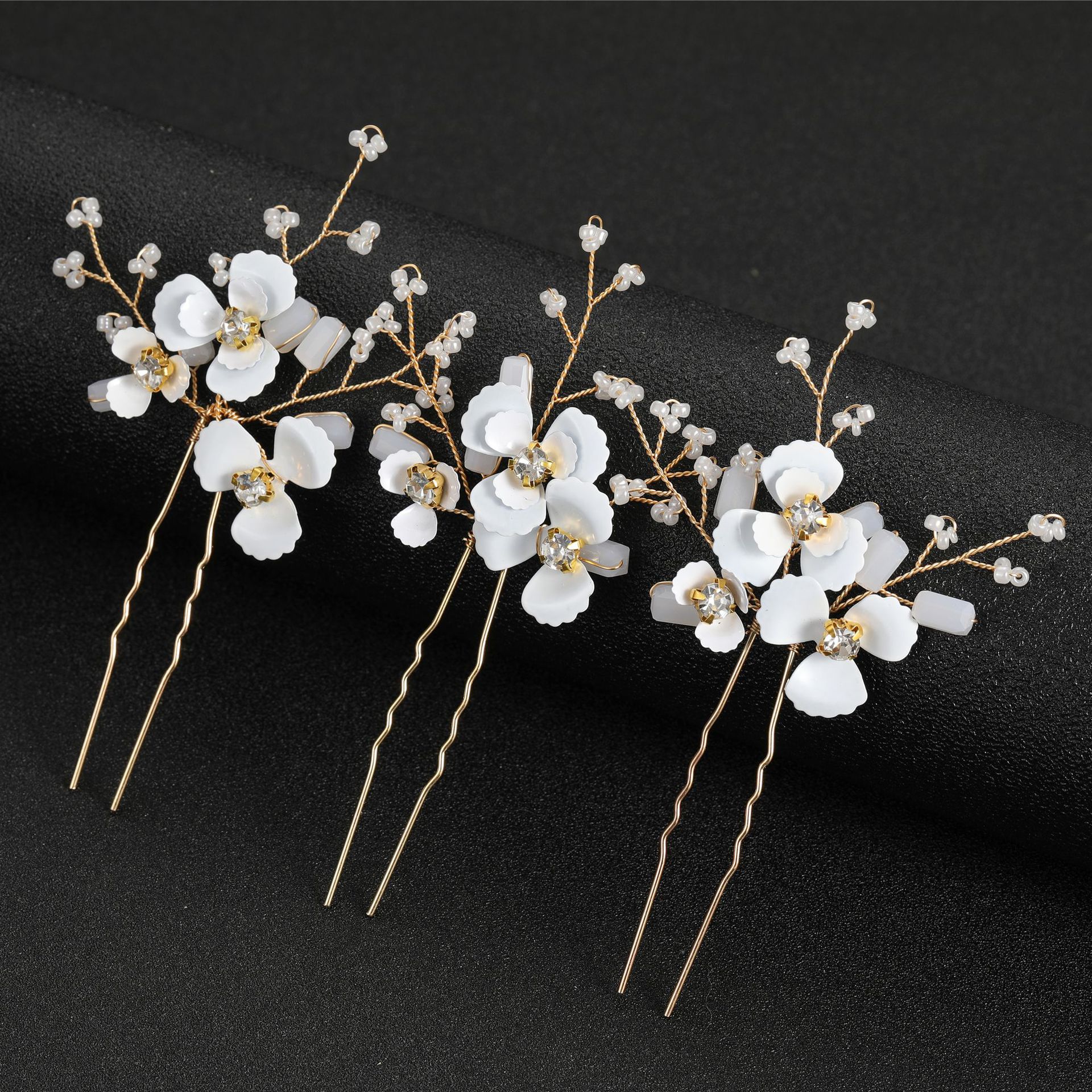 Horquilla en forma de U de flor blanca para mujer, 3 piezas, pinzas para el pelo elegantes, accesorios de joyería para el cabello, adornos para la cabeza de boda