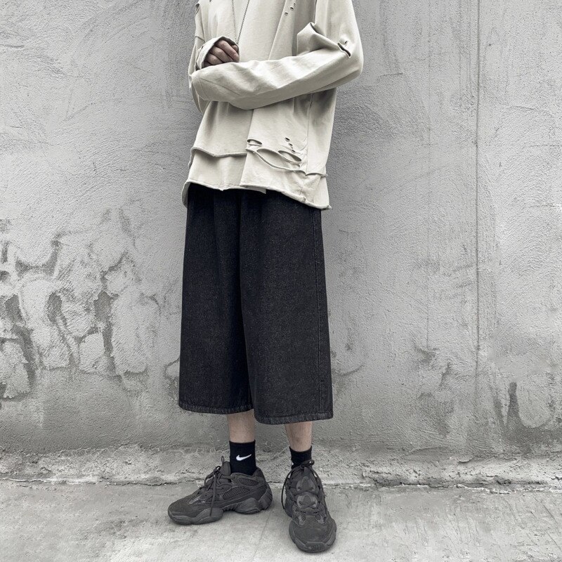 Sommar korta jeans herr casual retro raka jeans herr streetwear vild lös hiphop dragsko jeansbyxor herr: Svart / Xxl