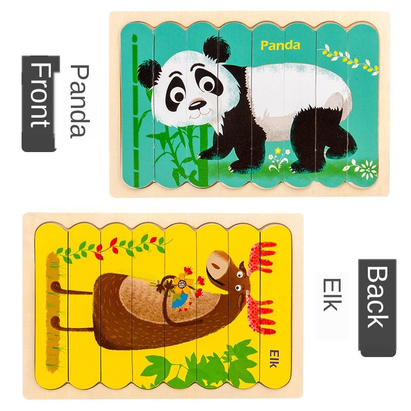 Di legno creativo ice cream bar di puzzle per bambini educativi del fumetto traffico animale storia double-sided cognitivo puzzle: Panda and elk