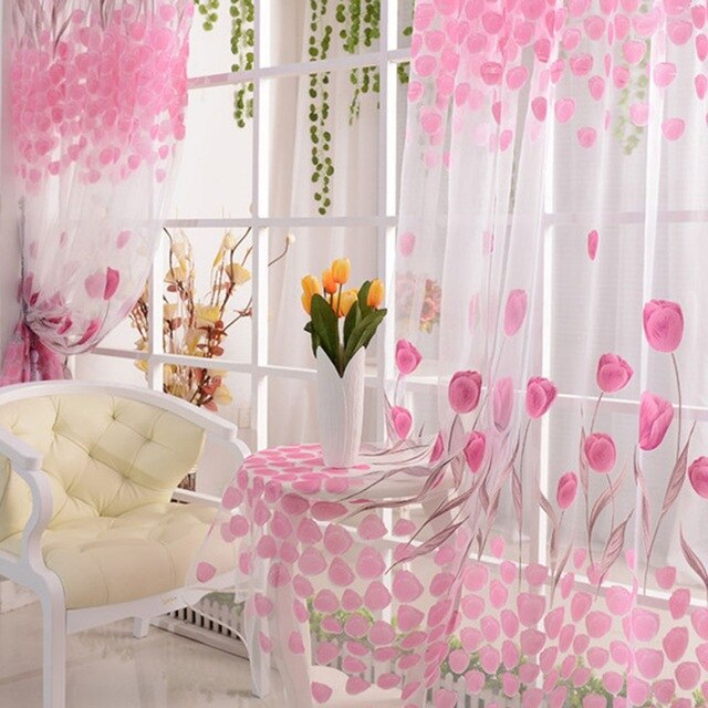 Tulle Curtains for The Kitchen Living Room Fabric Voile Window Bedroom Tulip Printed Balcony Sun Shading: pink