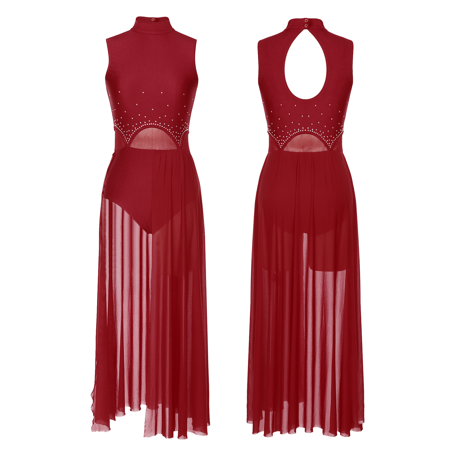 Women Sleeveless Contemporary Lyrical Dance Leotard Dresses High Split Sheer Mesh Skirted Ballet Gymnastics Bodysuit Dancewear: XXL / Beige