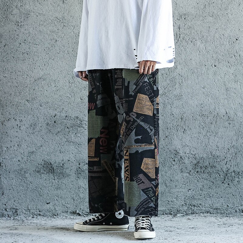 Mænd jeans retro mønster strik casual brede ben bukser herre trend løse lige jeans efterårsbukser