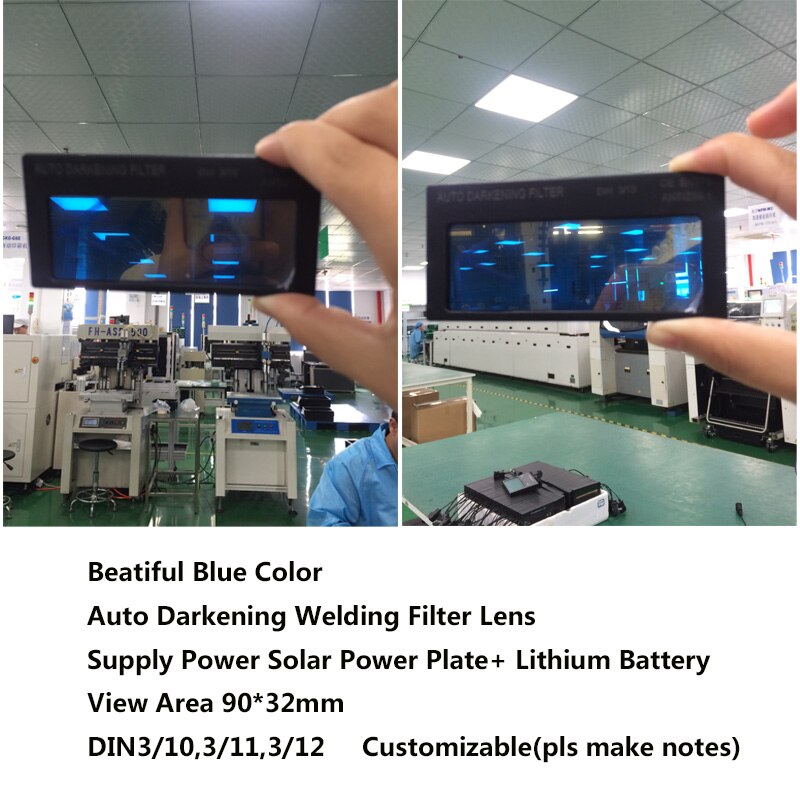 Blå farge glass automatisk mørkere tig sveisefilter linse litiumbatteri solenergi utsikt område 90*32mm rask trq -1100