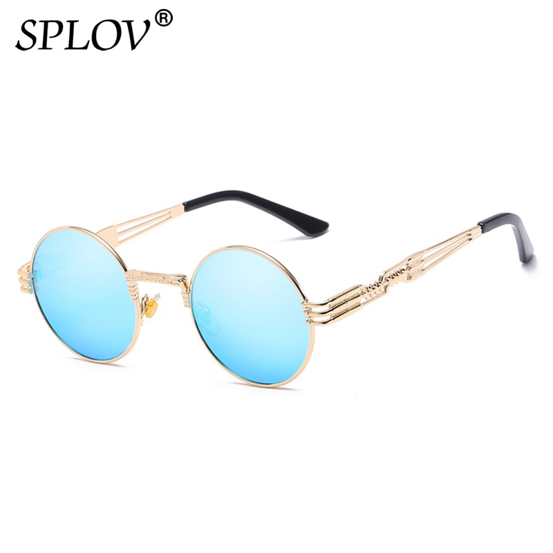 SPLOV Retro Steampunk Round Metal Sunglasses for Men and Women Double Spring Leg Colorful Eyewear UV400: N13 Gold IceBlue