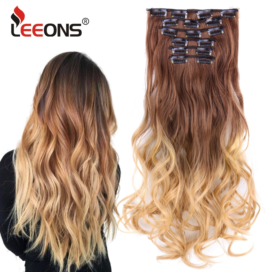 Leeons 16 clip in hair extensions hårtilbehør langt krøllet hår extension clip syntetisk varmebestandig fiber ombre farve