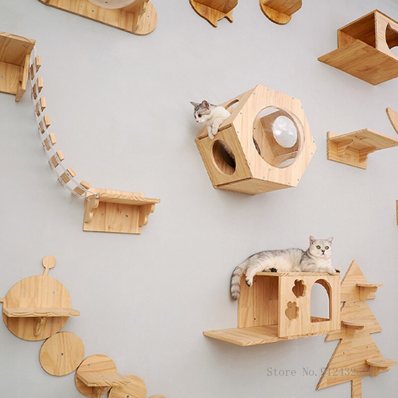 Wall Mounted Cat Climbing Frame Cat Tree Solid Wood Cat Jumping Platform Wall DIY Pet Furniture Kitten Springboard Various Size
