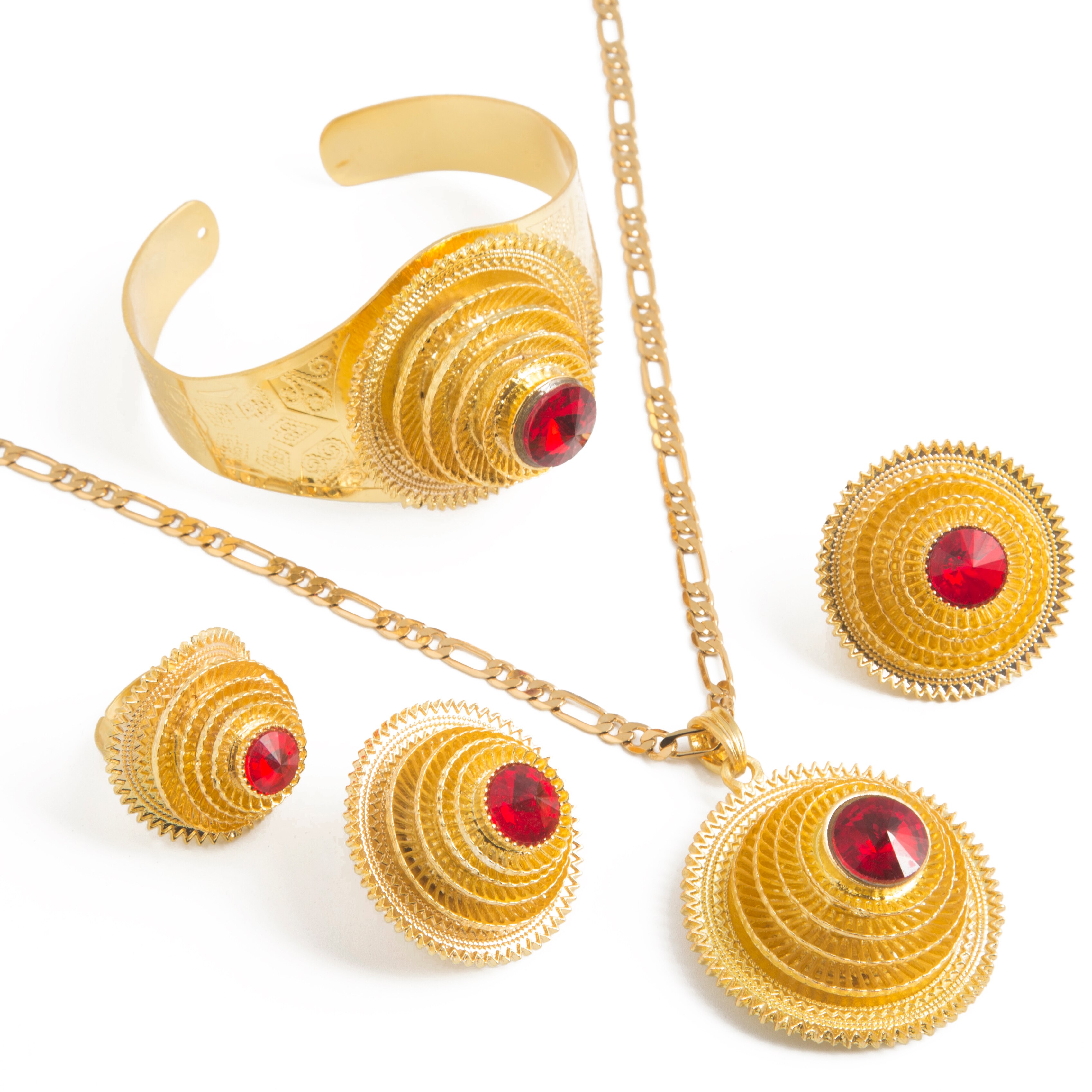 Set di gioielli da sposa con collana con ciondolo in zircone rosso oro etiopia per orecchini da donna con anelli etnici etiopi in Africa: red stone