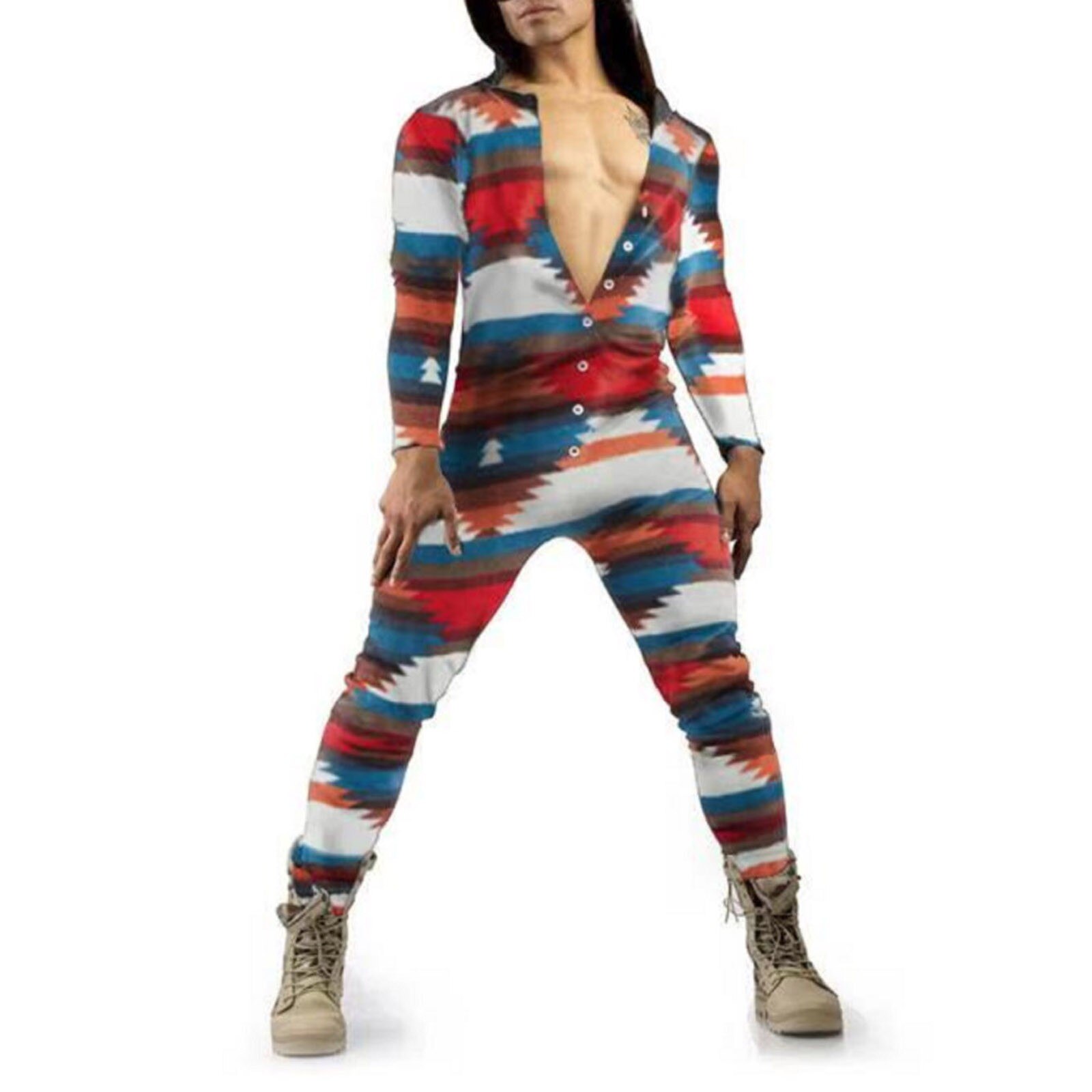 men pajamas Men's 3D Printing Back Flip-Back Button Home Flap Adults jumpsuit home wear # G955: Blue / S