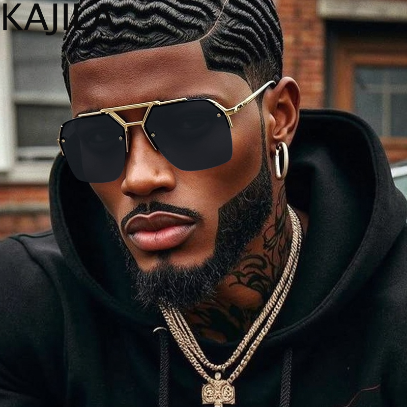 Męskie okulary przeciwsłoneczne steampunk w dużych kwadratowych oprawkach, luksusowa marka 2025, półramkowe metalowe oprawki, punkowe okulary przeciwsłoneczne męskie, vintage okulary UV400