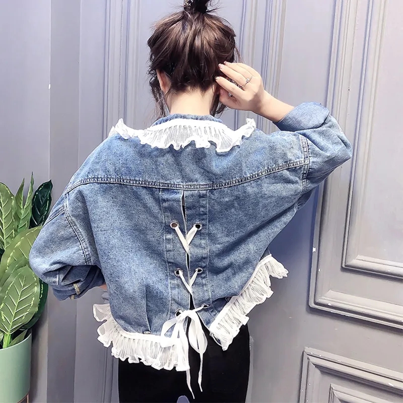 Blå jeansjacka damytterkläder populär vår- och höstjeansjacka damer vacker kort smal jeanskläder topp