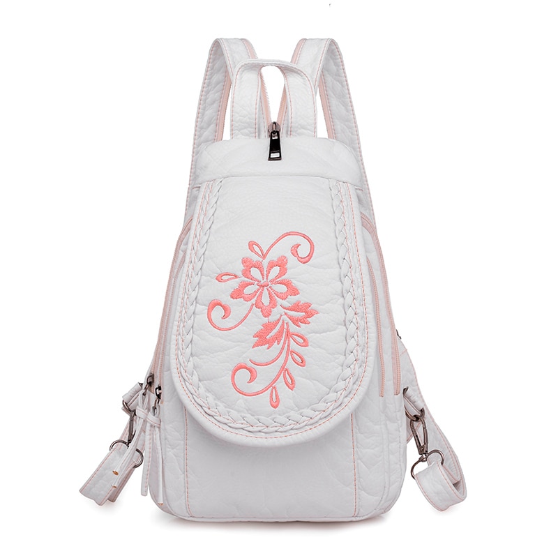 3-en-1 femmes fleurs en cuir sacs à Dos de voyage Sac à Dos dames Sac à Dos femme en cuir Sac à Dos broderie Floral: white style1