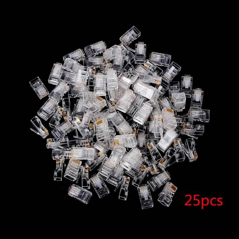 25/100Pcs Gold Plated RJ45 Net Network Cables Modular Plug Cat5 CAT5e Connector 8P8C Modular Rj45 Plug Terminals DXAB: Transparent 25pcs