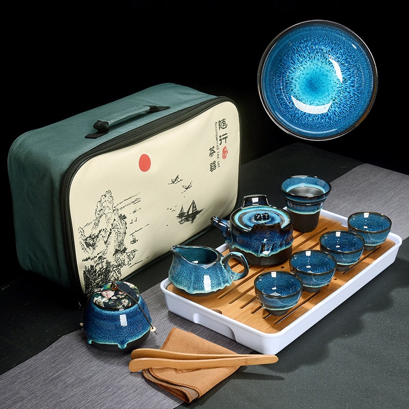 Kinesisk te sett blå rav glasur keramisk jingdezhen temmoku glasur utsøkt sett kung fu te kopp bærbar tekanne gaiwan te kopper