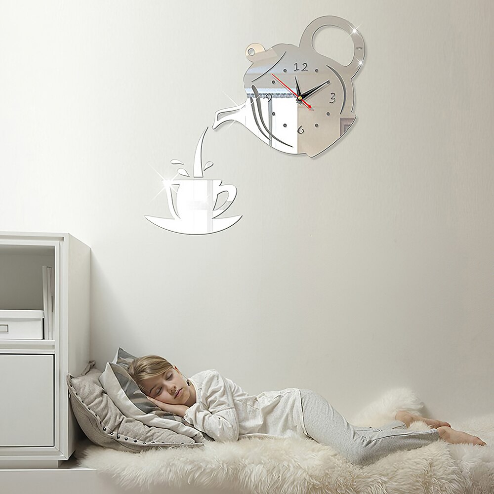 Diy 3D Wandklok Acryl Koffie Cup Theepot Decoratieve Keuken Wandklok Woonkamer Eetkamer Woondecoratie Klok