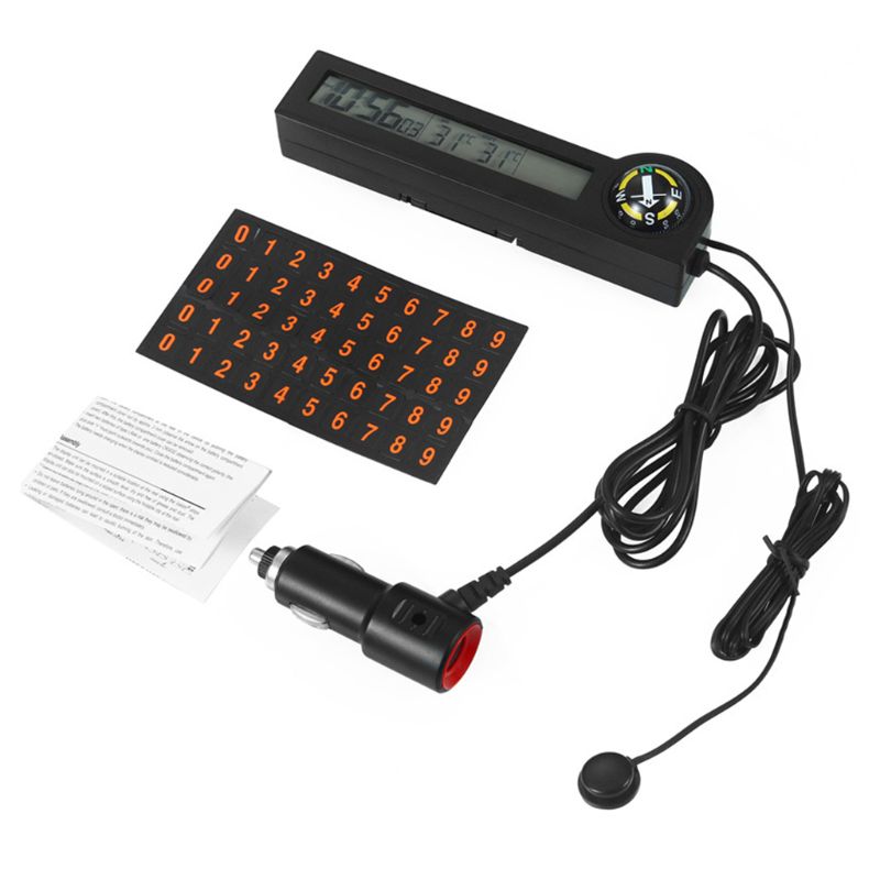 12V Digital Clock Display Indoor Outdoor Compass LCD Backlight Temporary Parking Car Thermometer Alert Car/Truck/RV